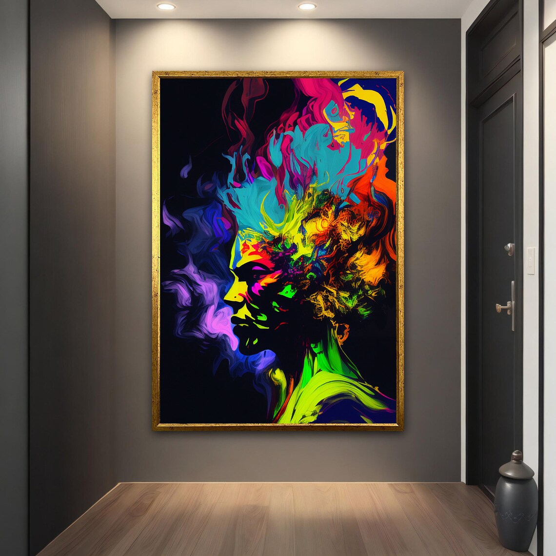 Neon Flame Hair Woman Profile Vivid Color Explosion Black Art Poster - Image 2