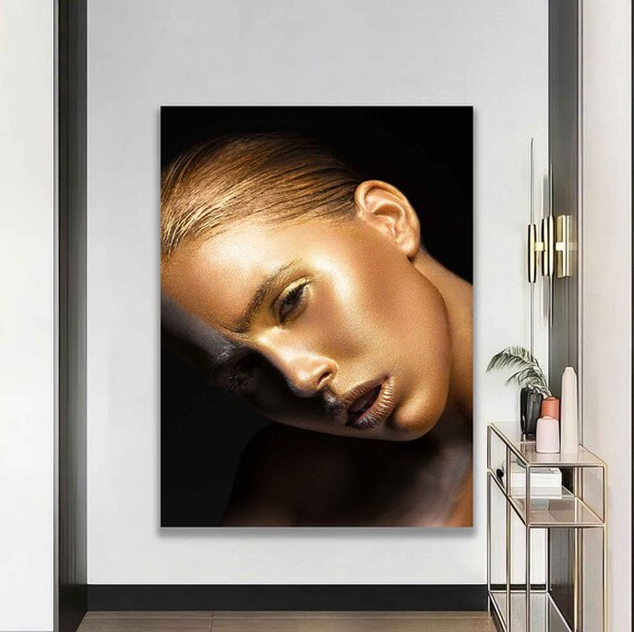 Golden Glitter Woman Portrait Beauty Glow Modern Wall Art Poster