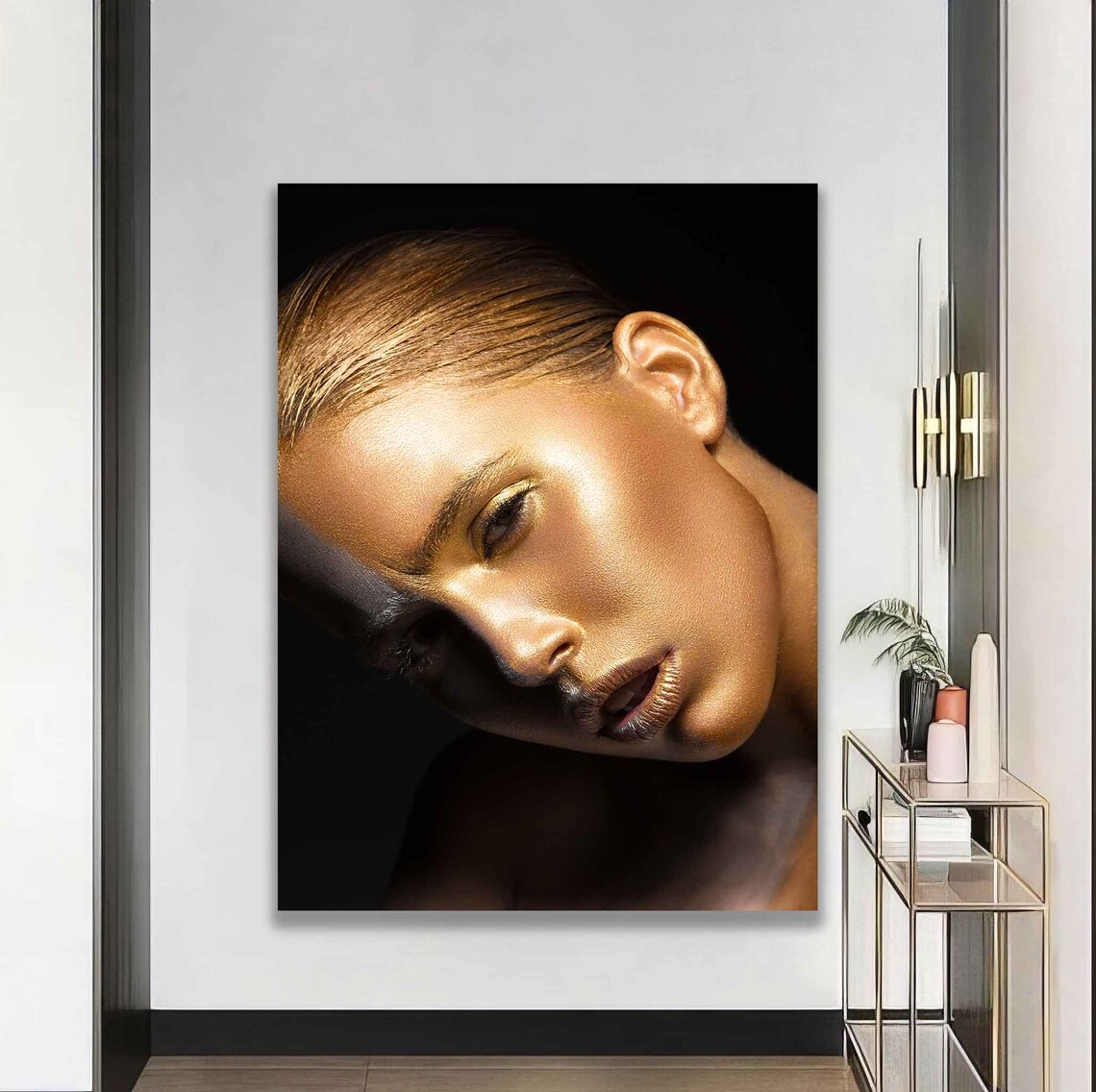 Golden Glitter Woman Portrait Beauty Glow Modern Wall Art Poster