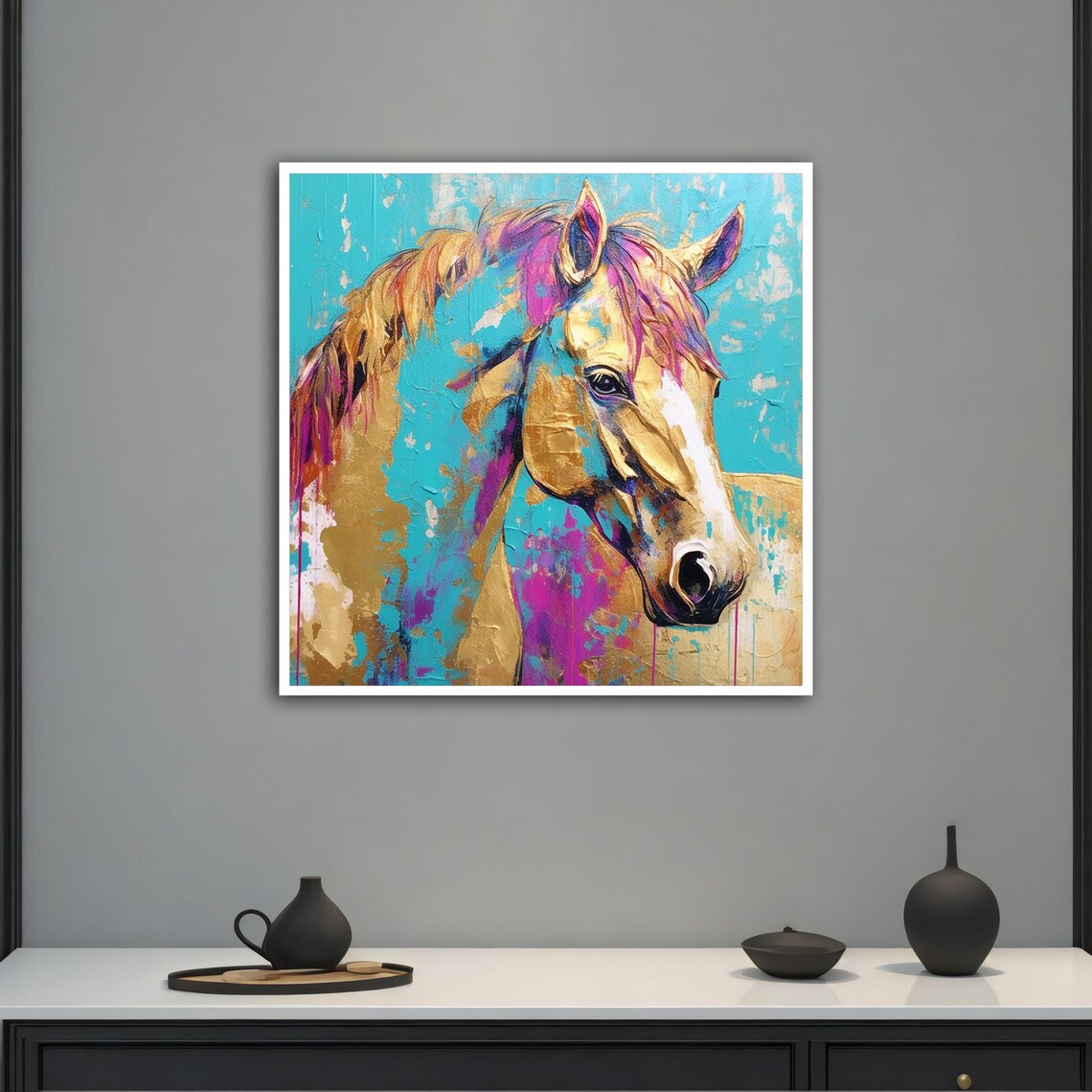 Abstract Horse Head Turquoise Gold Pink Modern Equine Art Poster - Image 5