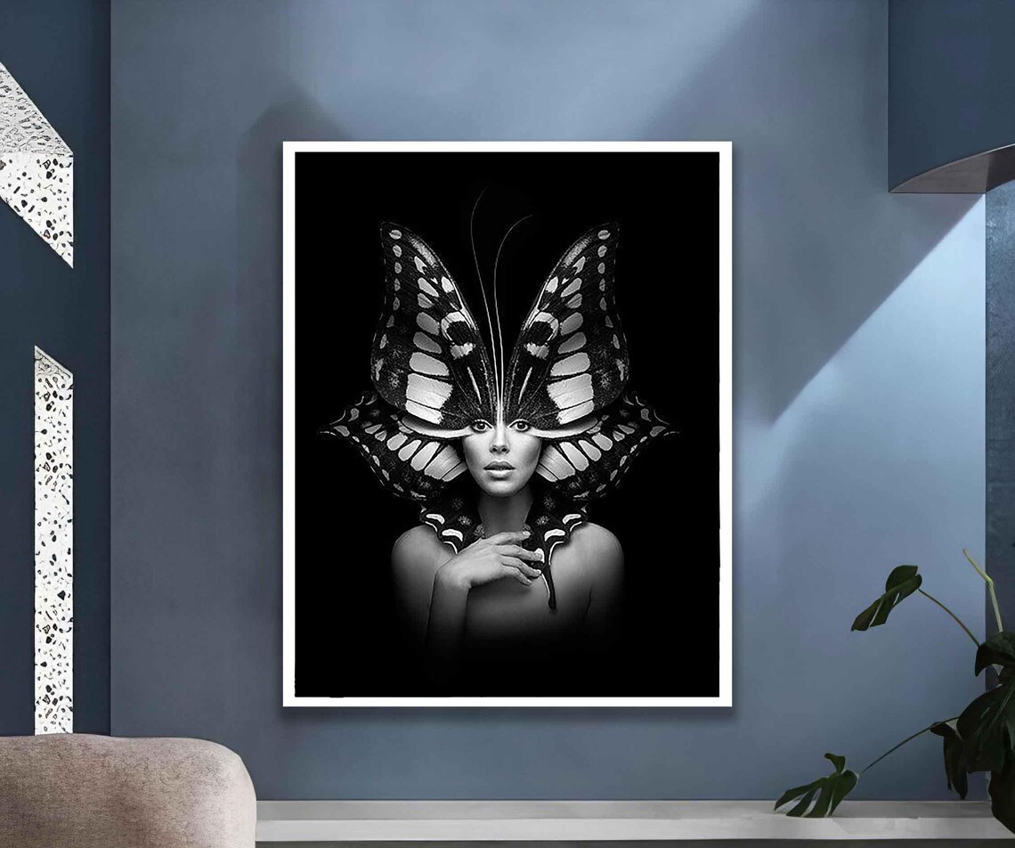 Monochrome Woman With Butterfly Wings Fantasy Portrait Wall Poster - Image 2