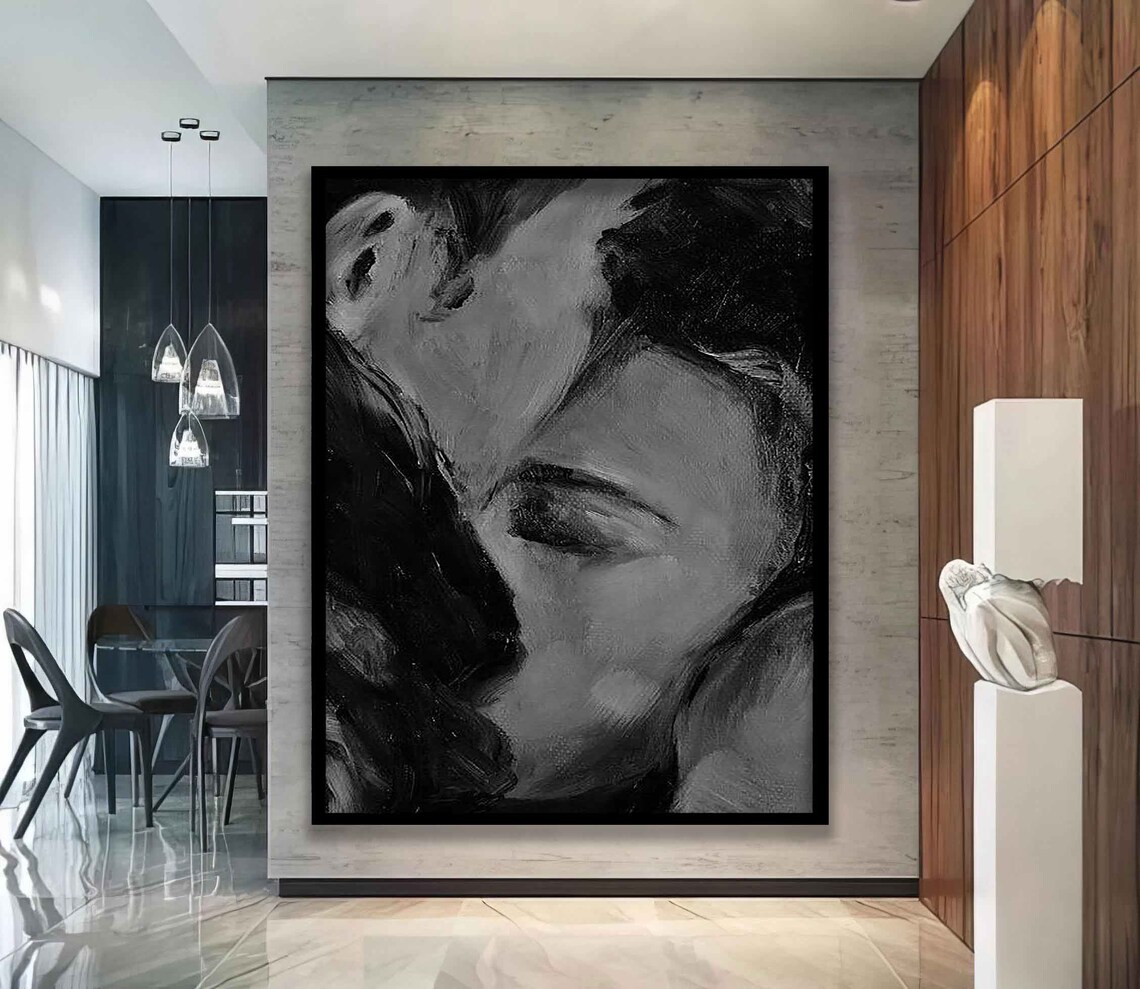 Romantic Black And White Kissing Couple Abstract Love Art Poster
