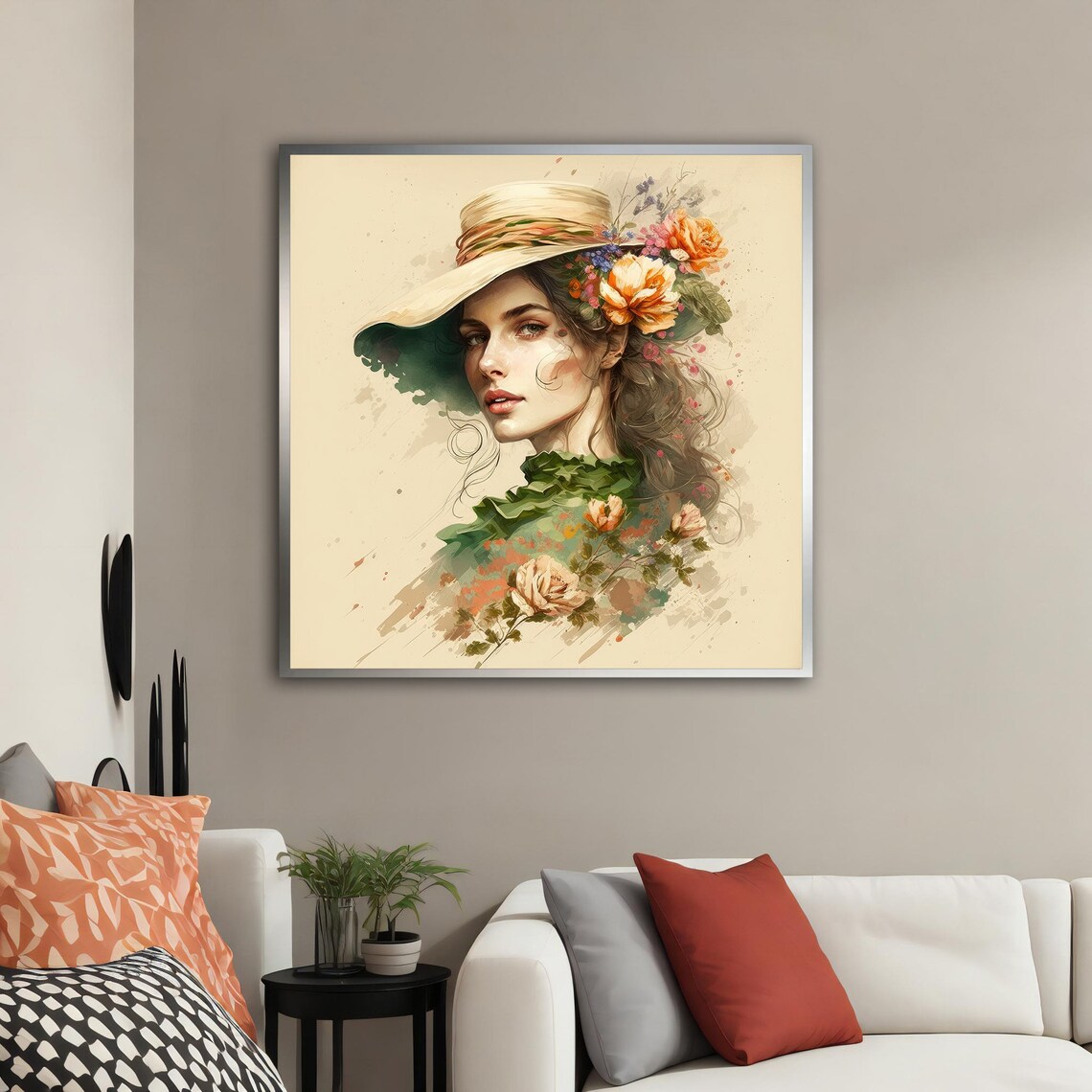 Elegant Woman In Straw Hat With Flowers Watercolor Style Art Poster - Image 2