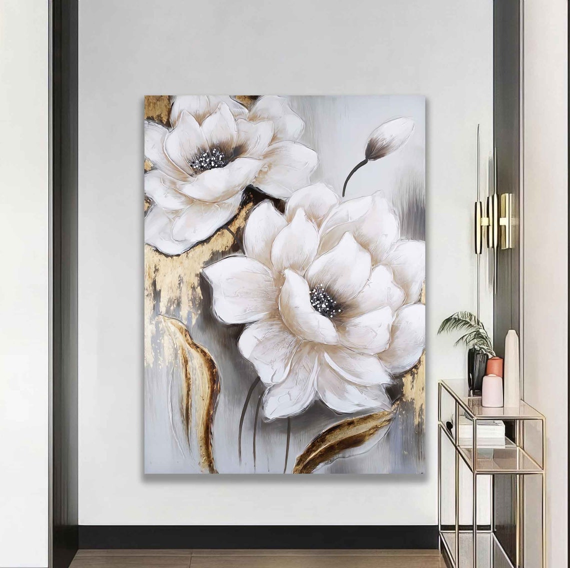 Soft White Magnolia Flowers Gold Grey Abstract Floral Art Poster - Image 3