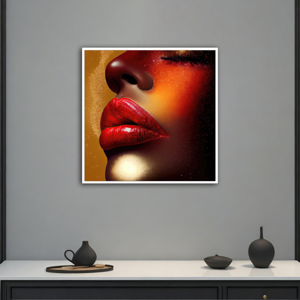 Glossy Red Lips Close Up On Sparkling Golden Background Poster - Image 2