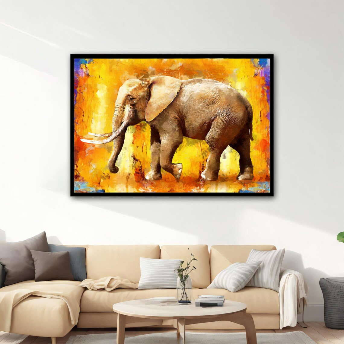 African Elephant Walking Painting Fiery Orange Background Wildlife Poster - Image 3