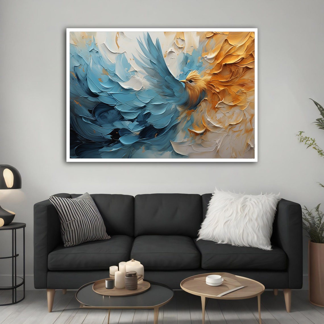 Blue Gold Bird Flying Painting Textured Wings Majestic Flight Poster - Image 4