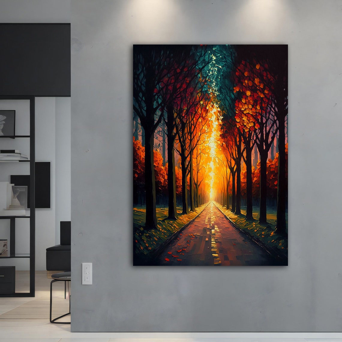 Forest Road at Sunset Autumn Trees Impasto Landscape Art Print - Image 5