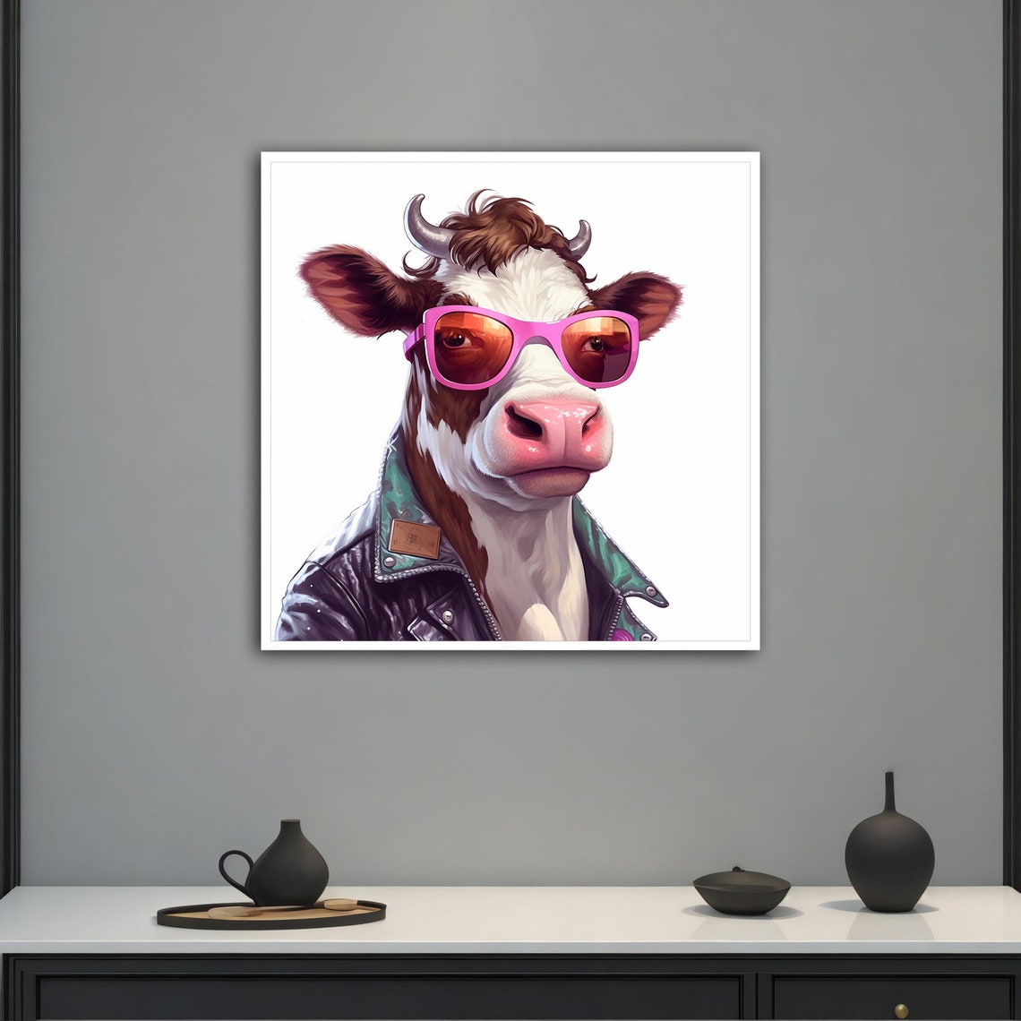 Funny Cow Wearing Pink Sunglasses Leather Jacket Animal Art Poster - Image 4