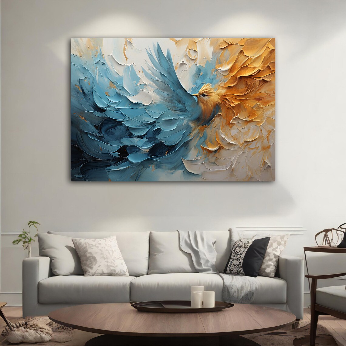 Blue Gold Bird Flying Painting Textured Wings Majestic Flight Poster - Image 5