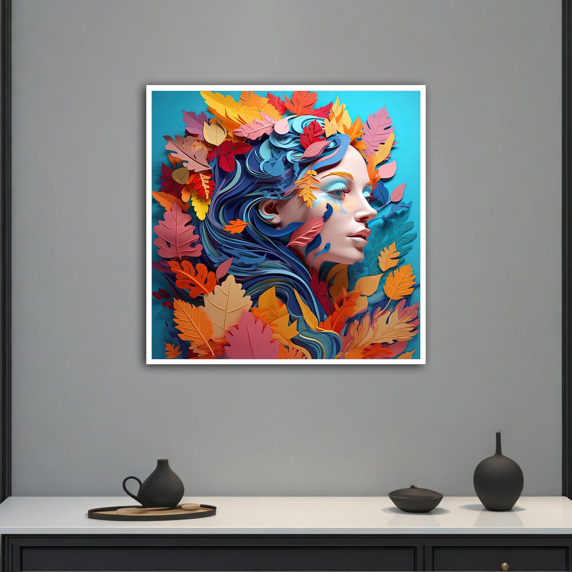 Colorful Paper Cut Autumn Leaves Woman With Flowing Blue Hair Poster - Image 5