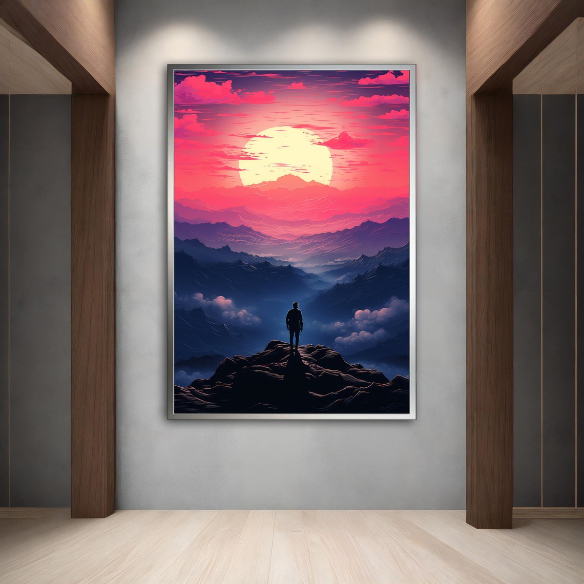 Hiker Mountain Sunrise View Pink Purple Peak Landscape Travel Poster - Image 4