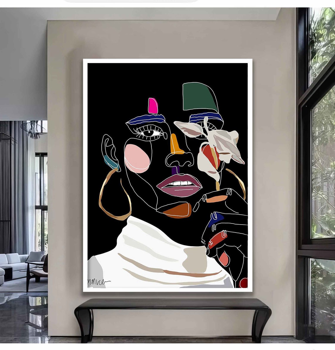 Abstract Line Art Woman Face On Black Modern Minimalist Poster - Image 3