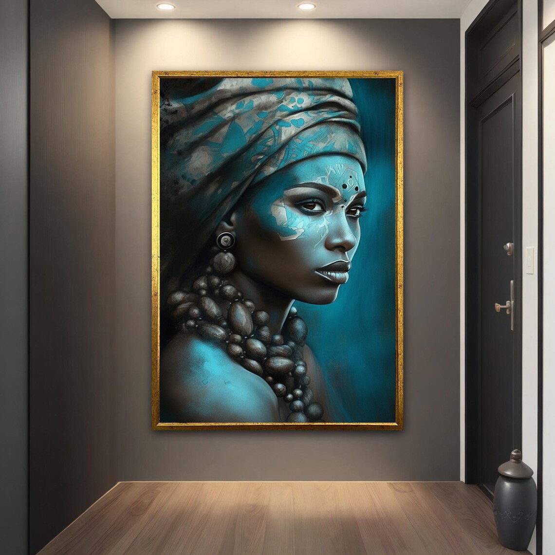 African Woman Blue Monochrome Headwrap Teal Ethnic Portrait Art Poster - Image 2