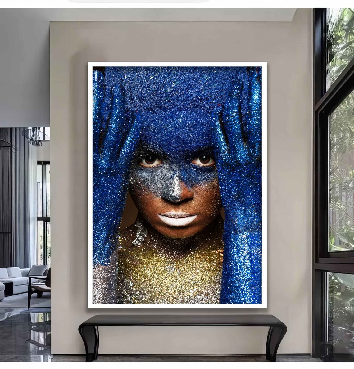 Blue And Gold Glitter Women Glitter Women Wall Art Glitter Woman Wall Art Make Up Woman Painting - Image 2