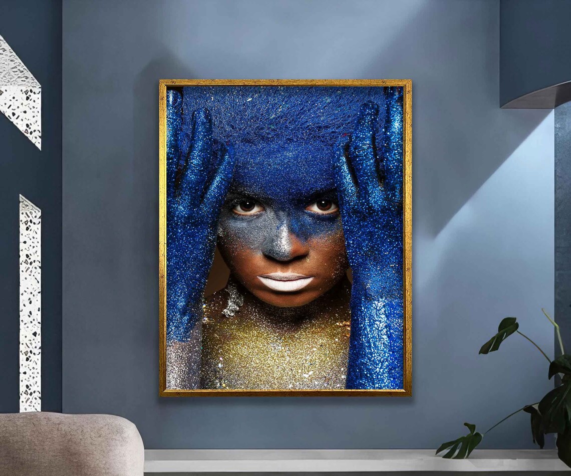 Blue And Gold Glitter Women Glitter Women Wall Art Glitter Woman Wall Art Make Up Woman Painting