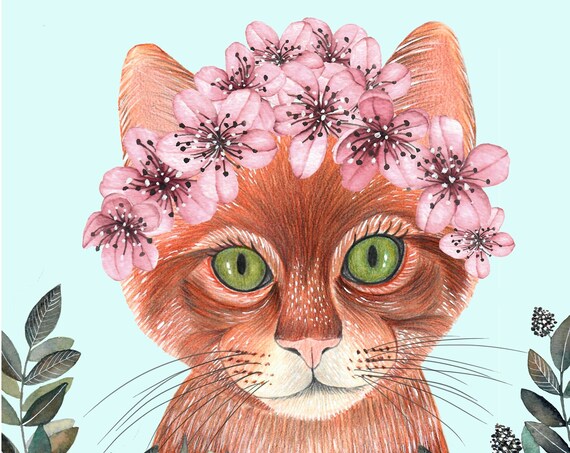 Cute Orange Kitten Wearing Cherry Blossom Crown Nursery Poster