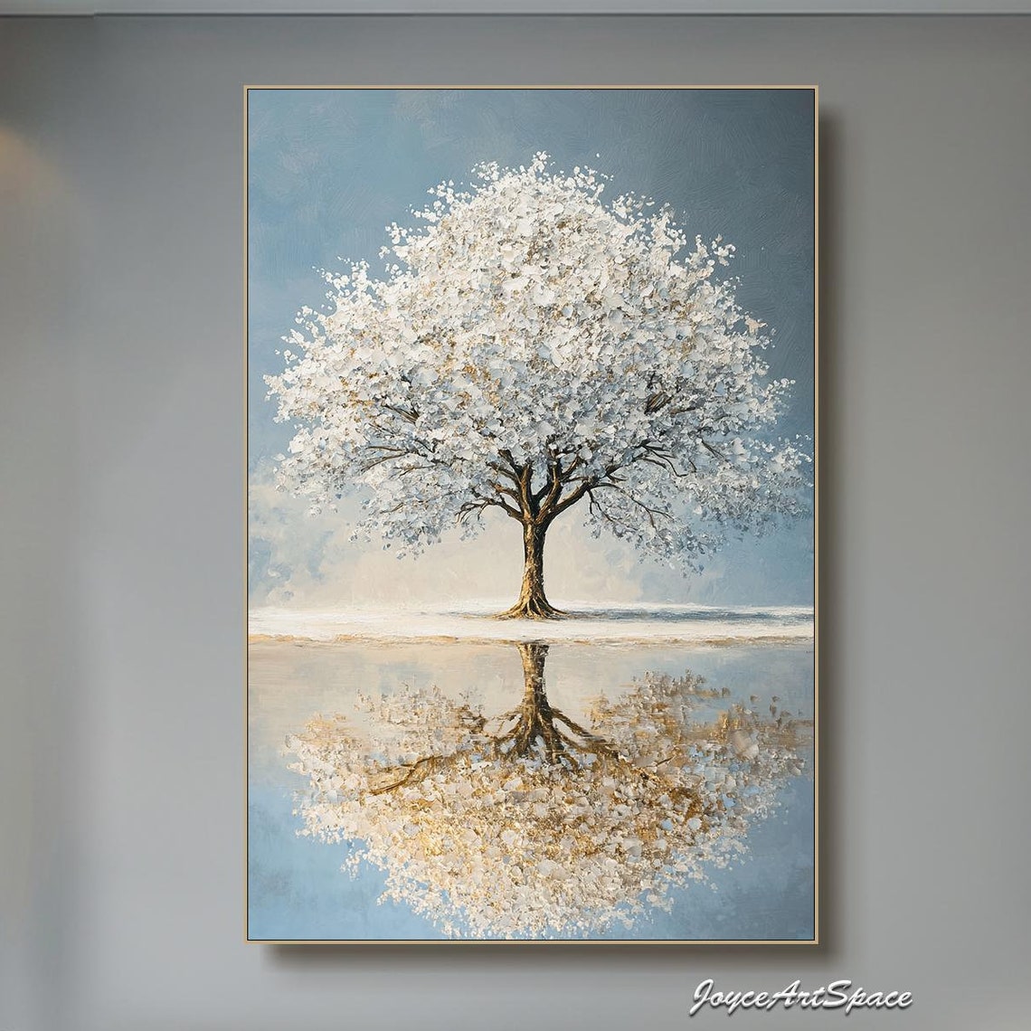 White Blossom Tree Water Reflection Serene Textured 3D Art Poster