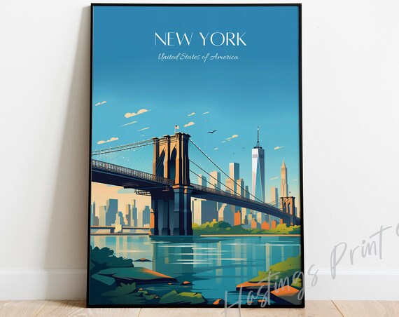 New York Brooklyn Bridge Vintage Travel Poster Skyline USA Art