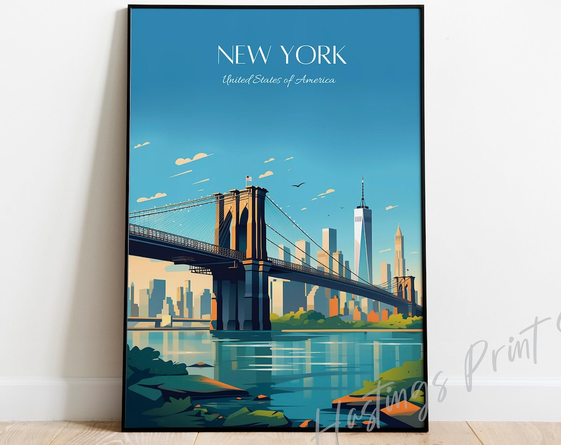 New York Brooklyn Bridge Vintage Travel Poster Skyline USA Art