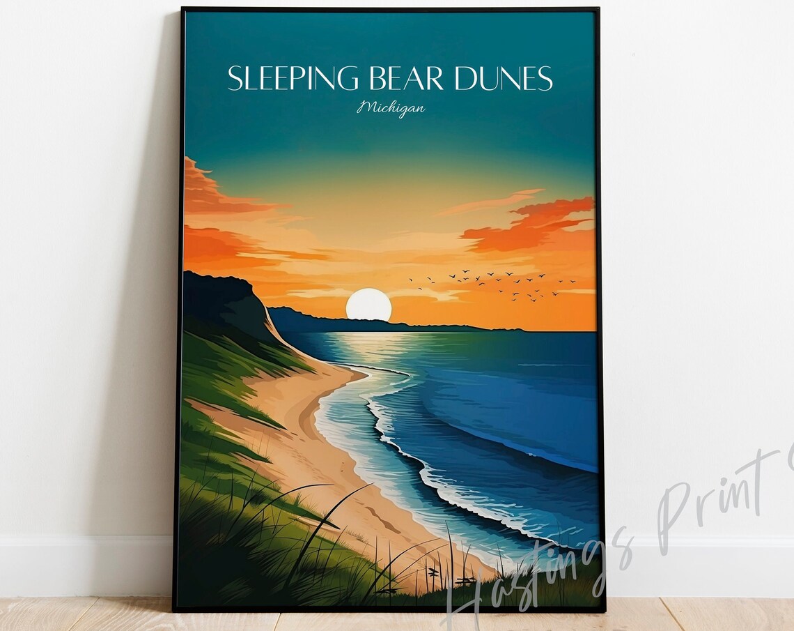 Sleeping Bear Dunes Michigan Vintage Travel Poster