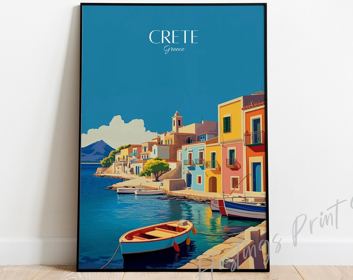 Crete Greece Travel Poster Pastel Harbor Boats Coastal Art Illustration