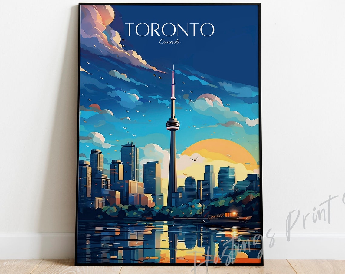 Toronto Canada Skyline Sunset CN Tower Vintage Travel Poster