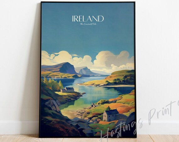 Ireland Emerald Isle Vintage Travel Poster Lake Cottage Landscape
