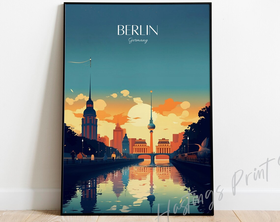 Berlin Germany TV Tower River Sunset Cityscape Travel Poster