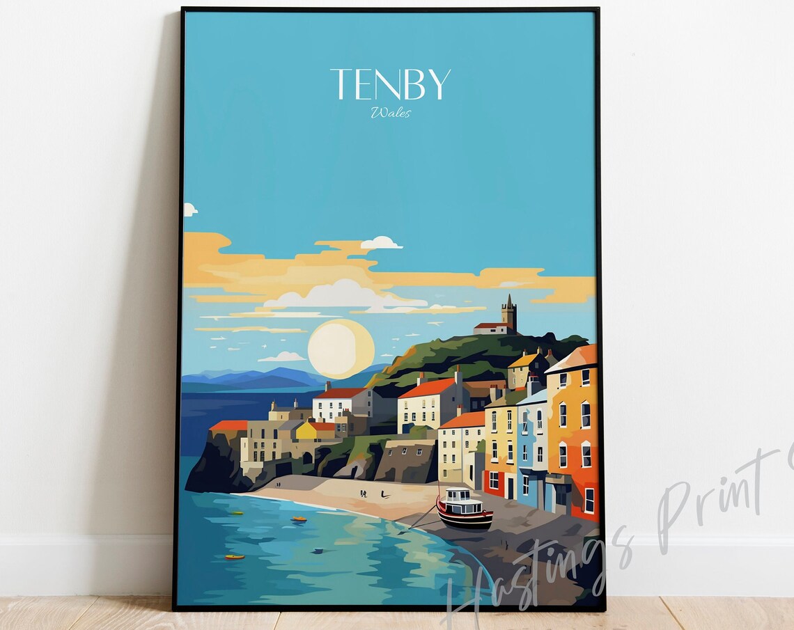 Tenby Wales Coastal Harbor Town Modern Vintage Travel Poster
