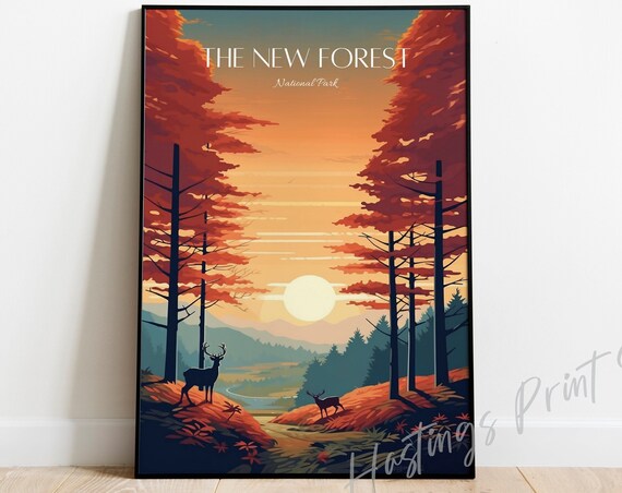 The New Forest National Park Autumn Deer Sunset Travel Poster