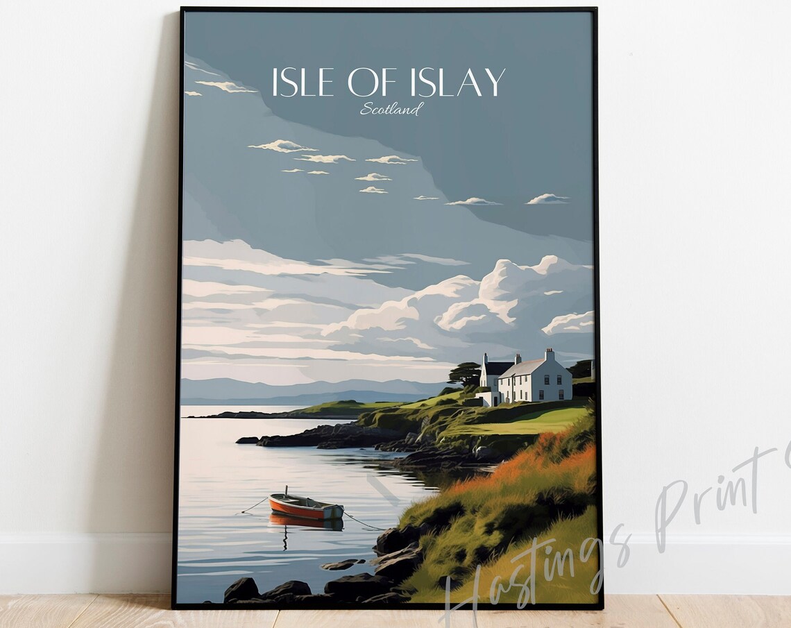 Isle Of Islay Scotland Coastal Cottage Rowboat Vintage Travel Poster