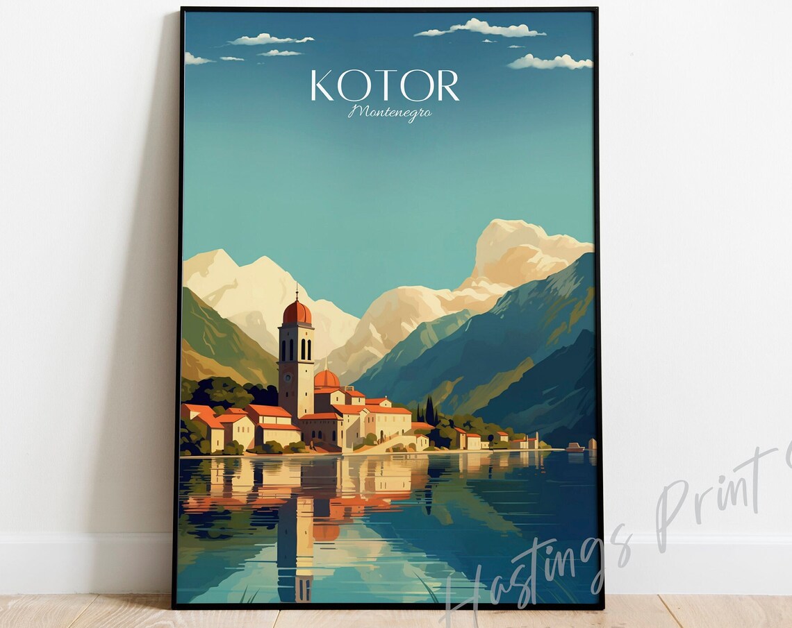 Kotor Montenegro Vintage Travel Poster Bay Church Mountains Reflection Art