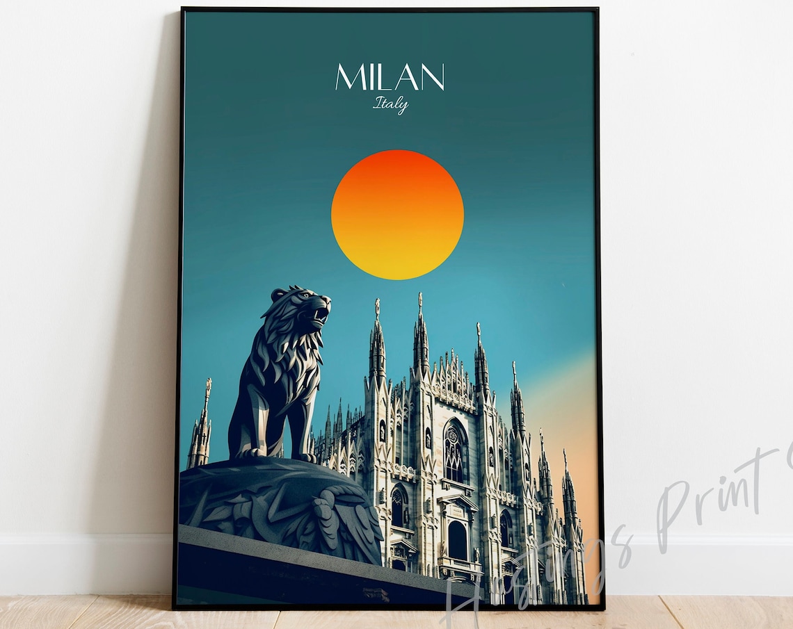 Milan Italy Travel Poster Duomo Cathedral Sunset Lion Statue View