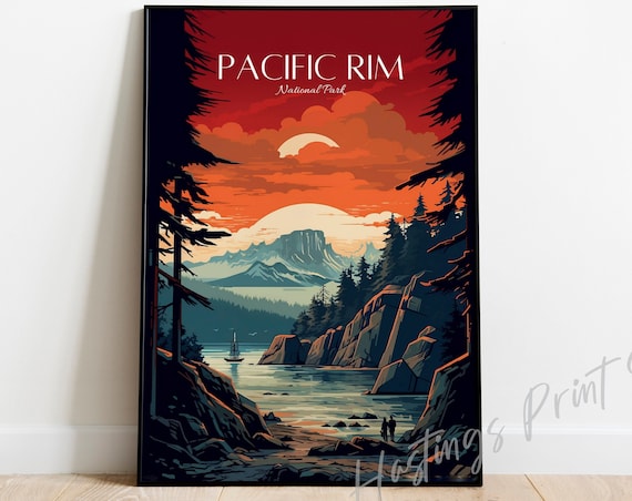 Pacific Rim National Park Red Sunset Coast Vintage Travel Poster