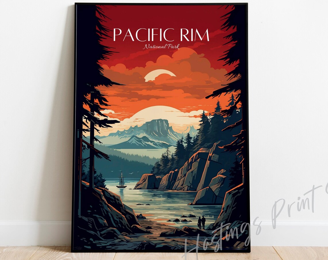 Pacific Rim National Park Red Sunset Coast Vintage Travel Poster