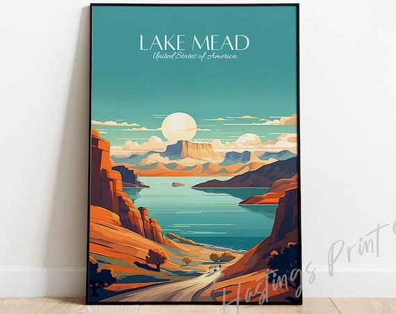 Lake Mead Desert Vintage Travel Poster Canyon Lake Sunset Landscape Art