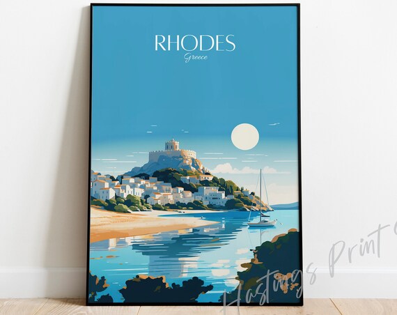 Rhodes Greece Harbor Castle Old Town Sunset Travel Art Poster