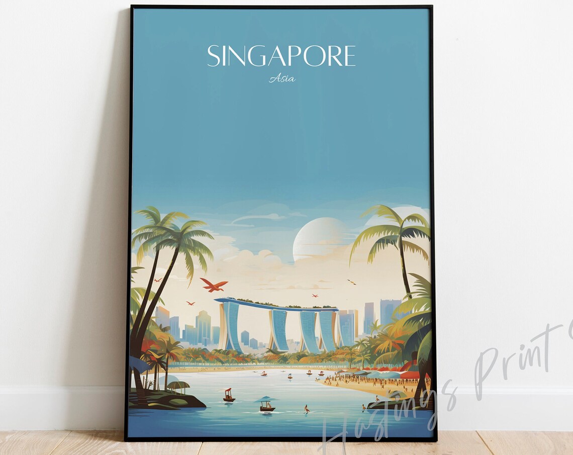 Singapore Asia Marina Bay Sands Palm Beach Sunset Travel Poster