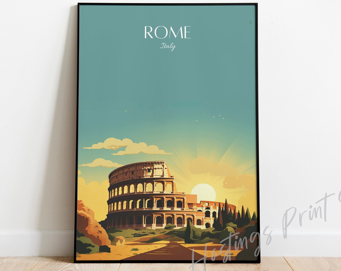Rome Italy Vintage Travel Poster Colosseum Sunset Golden Sky