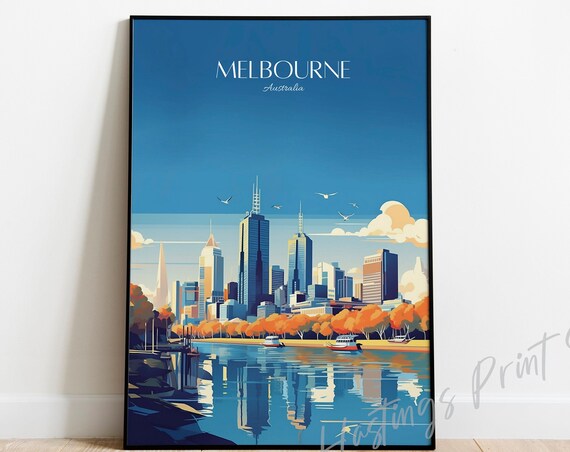 Melbourne Australia Travel Poster Modern Vintage City Skyline Art