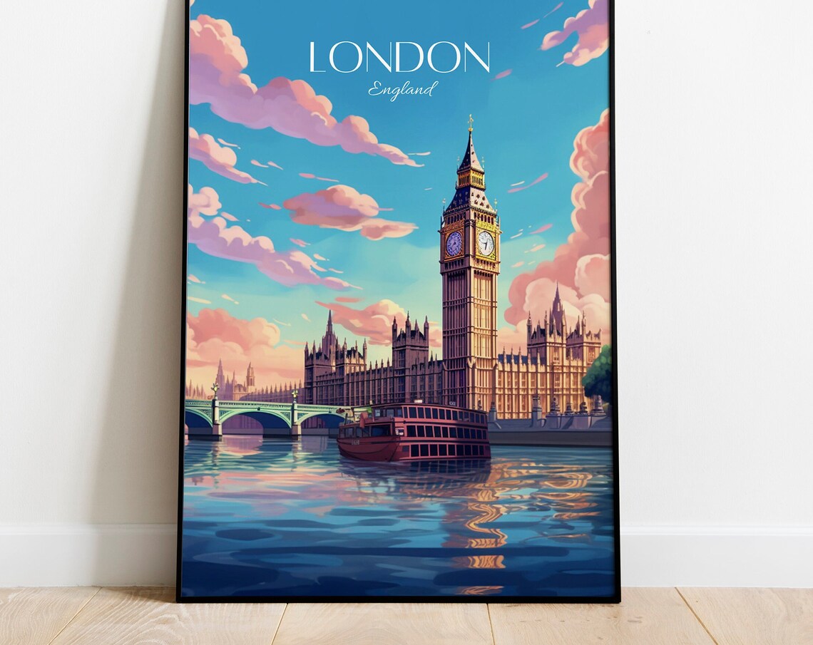 London England Big Ben River Boat Pastel Sky Travel Art Poster