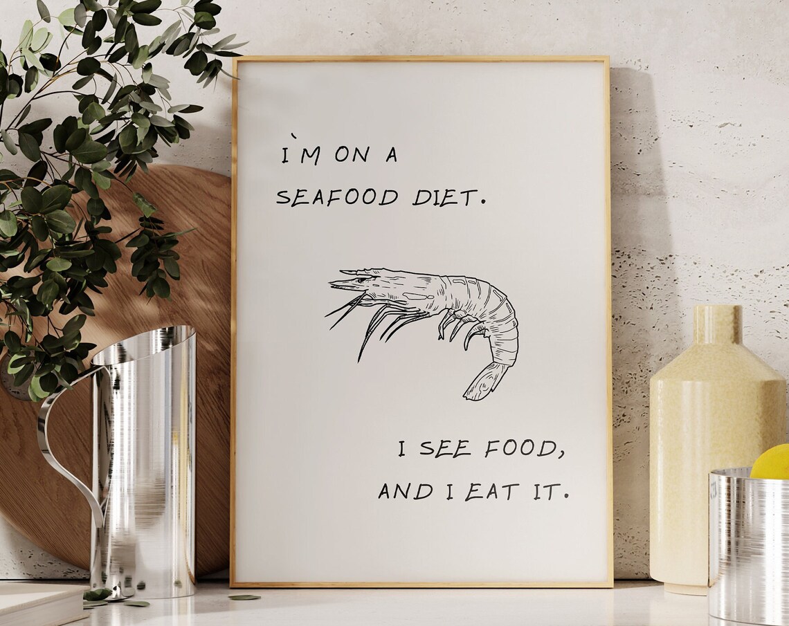 I'm On a Seafood Diet Funny Shrimp Line Art Kitchen Wall Poster