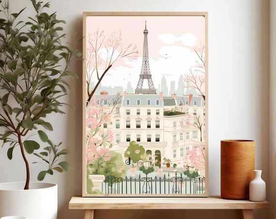 Eiffel Tower Paris Pink Blossom Illustration French Cityscape Poster