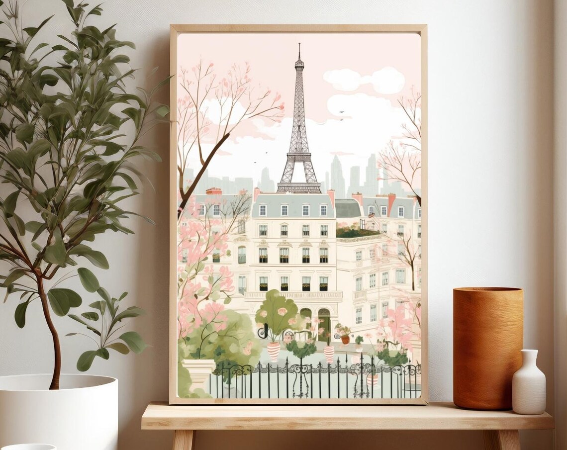 Eiffel Tower Paris Pink Blossom Illustration French Cityscape Poster