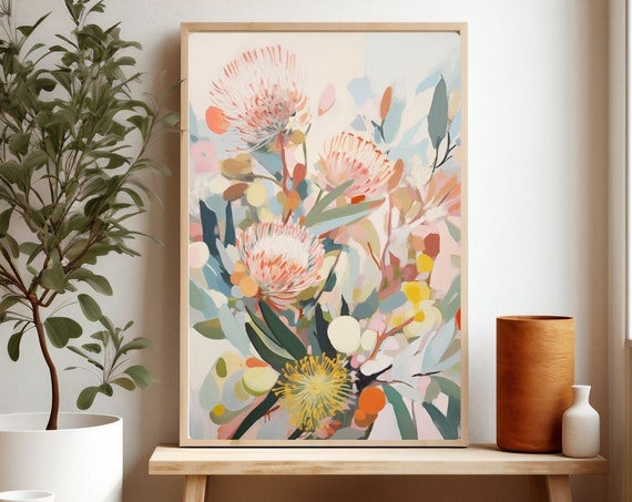 Australian Native Flowers Print Protea Painting Abstract Floral Wall Art Botanical Giclee