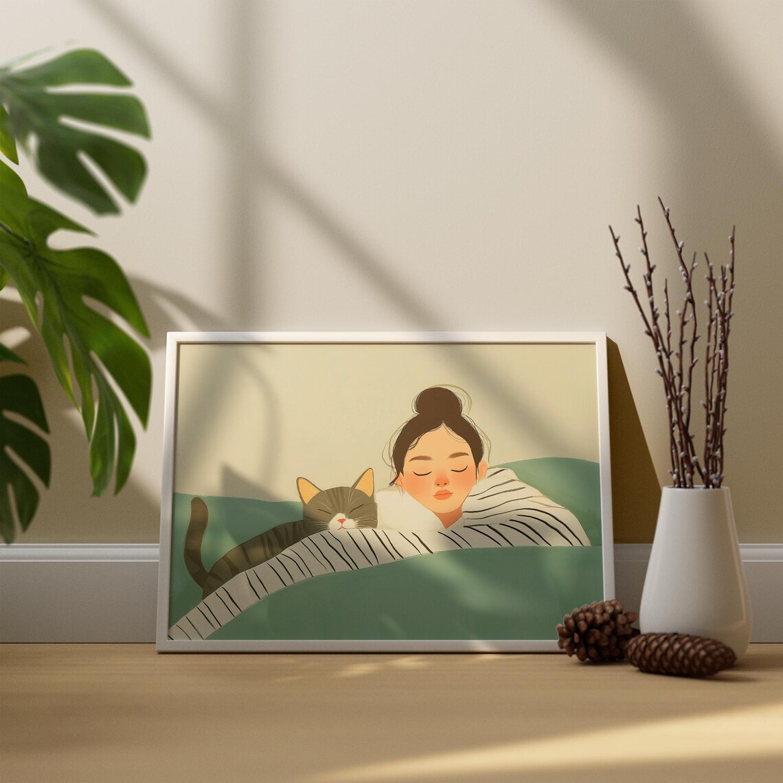 Sleeping Woman Cuddling Tabby Cat Under A Green Blanket Poster - Image 2