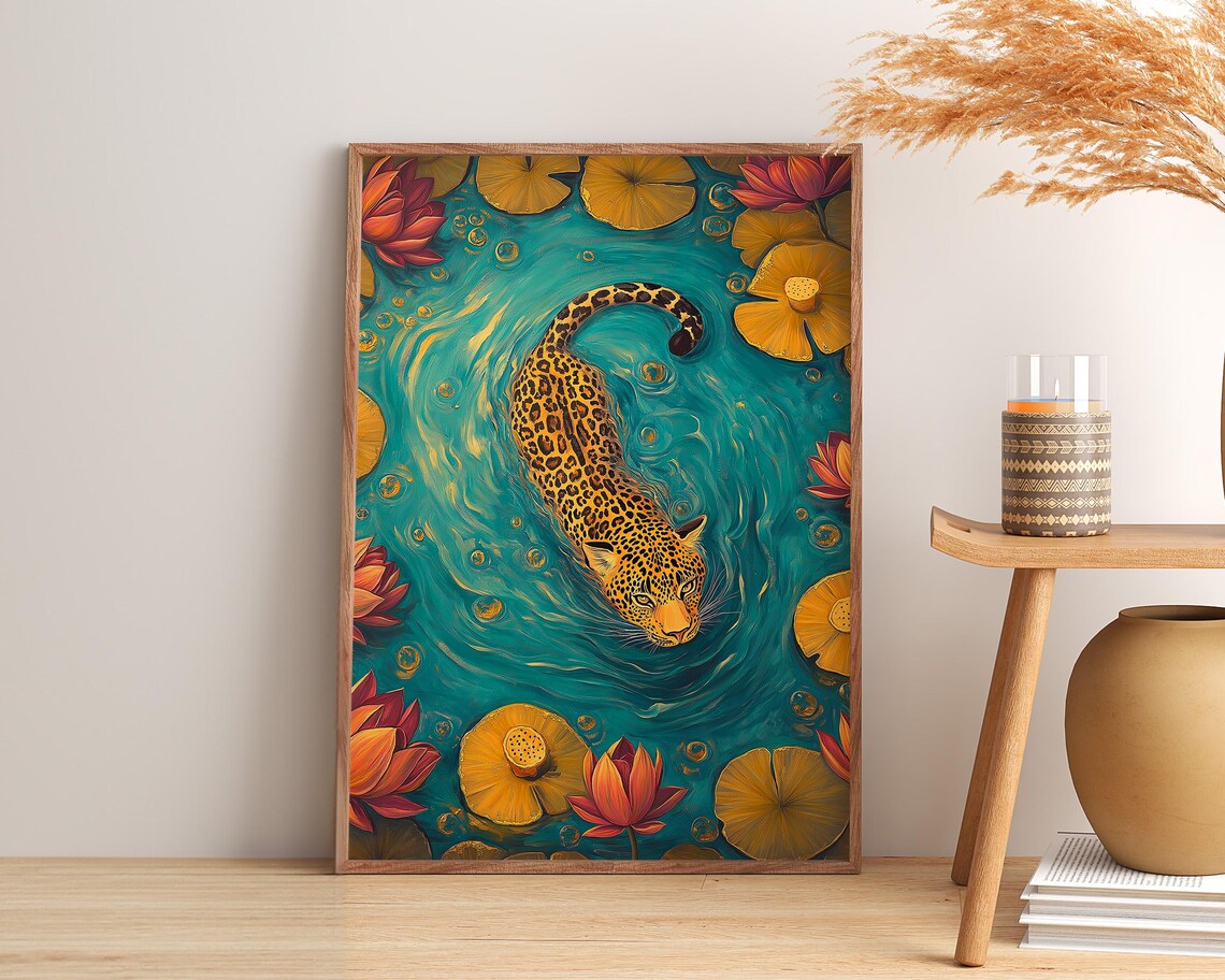 Swimming Leopard Poster, Maximalist Bathroom Decor - Image 4