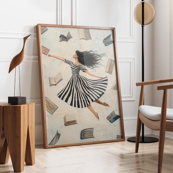 Dreamy Dancer In Striped Dress Surrounded By Floating Books Poster