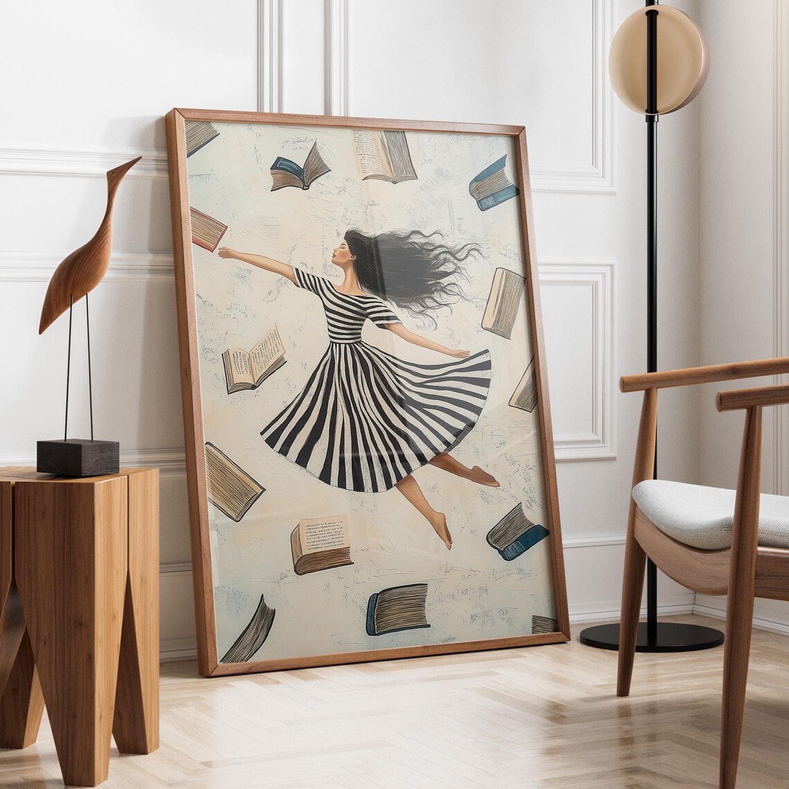 Dreamy Dancer In Striped Dress Surrounded By Floating Books Poster